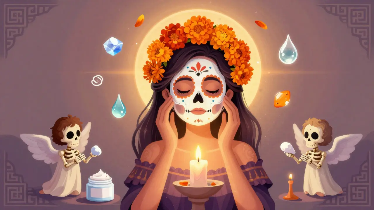 Женщина снимает маску, вокруг неё — целебные элементы и ангелы-скелеты в стиле Дня мёртвых.