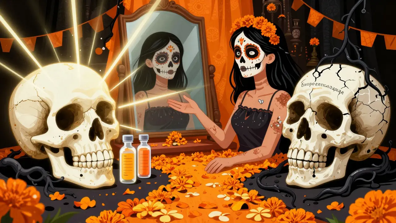 Альтар с альтернативами ухода за кожей и разрушающейся статуей биоревитализации, в стиле Дня мертвых.