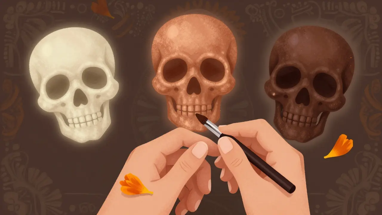 Близкий план рук, смешивающих коричневые тени на веке, с плавающими черепами, символизирующими три базовых оттенка.