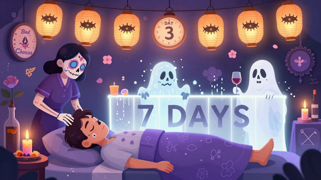 Человек спит на спине под фонариками-веками, а призраки запретов отталкиваются за световой барьер.