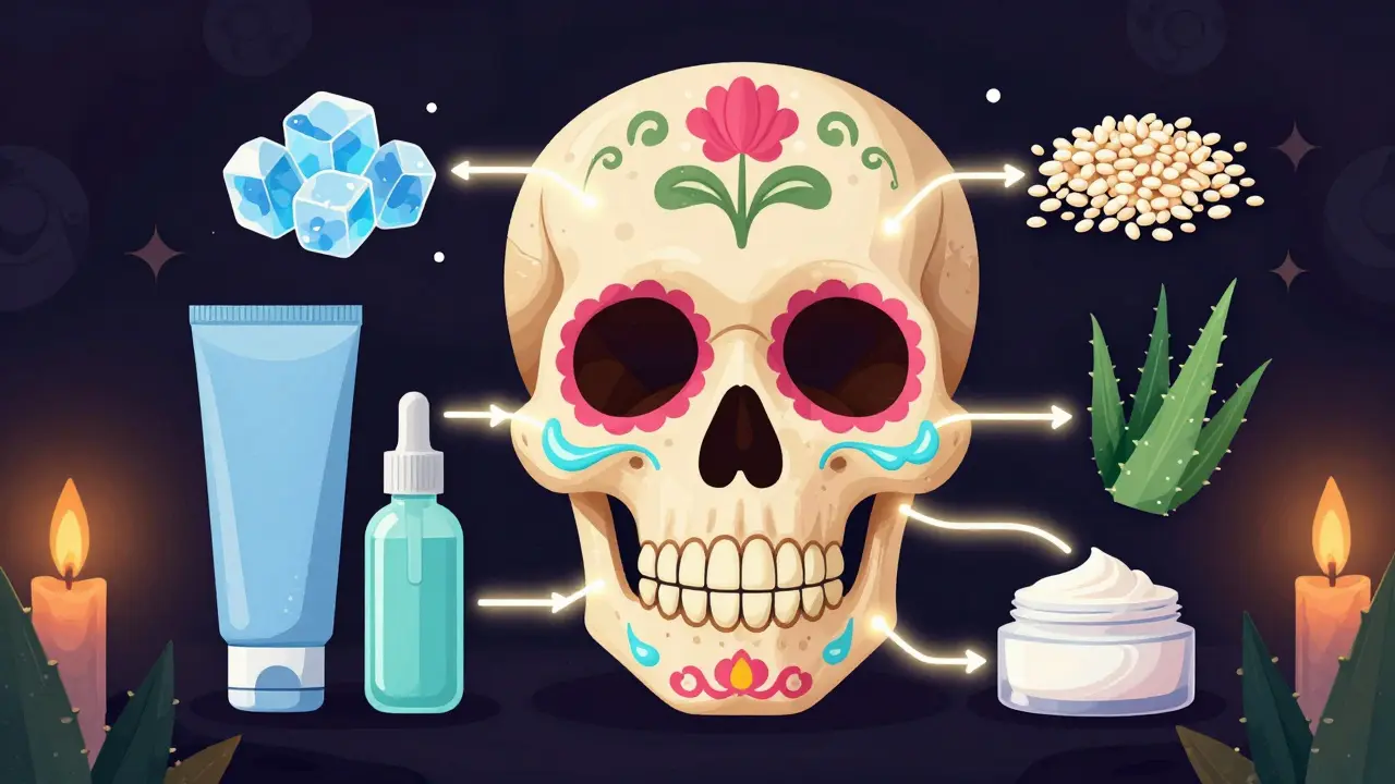 Череп, превращённый в схему ухода за кожей, с glowing компонентами, оформленными в стиле Дня мёртвых.