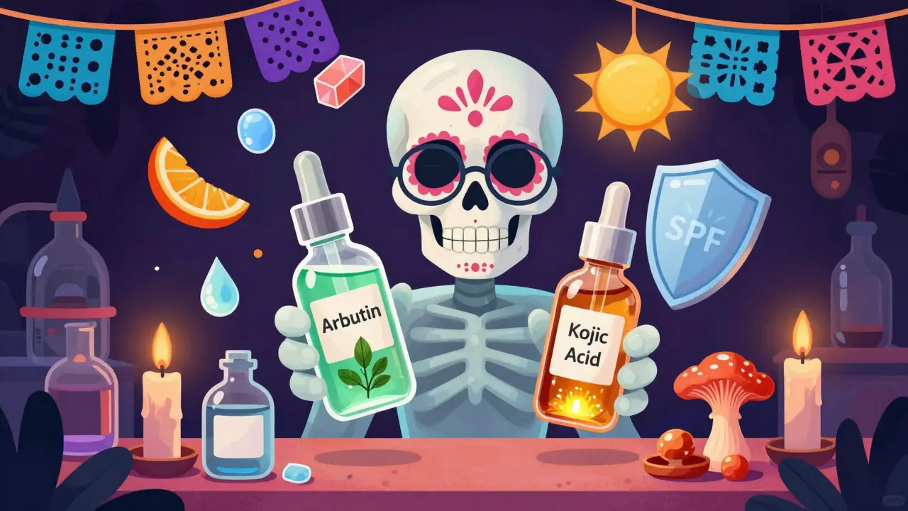Череп в очках держит две флакона с арбутином и койевой кислотой, вокруг — витамин С, гиалуроновая кислота и щит SPF, на фоне алтаря с бумажными флагами.