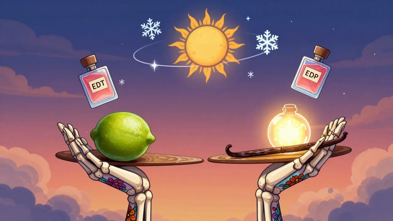 Черепа держат весы с лаймом и ванилью, над ними солнце и снежинка