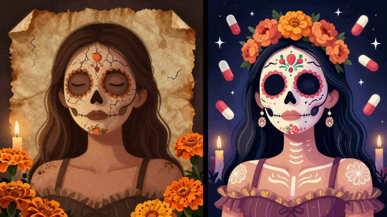 Диptyх: до и после биоревитализации — сухая кожа превращается в сияющую, украшенную светящимися узорами, как в традициях Дня мёртвых.