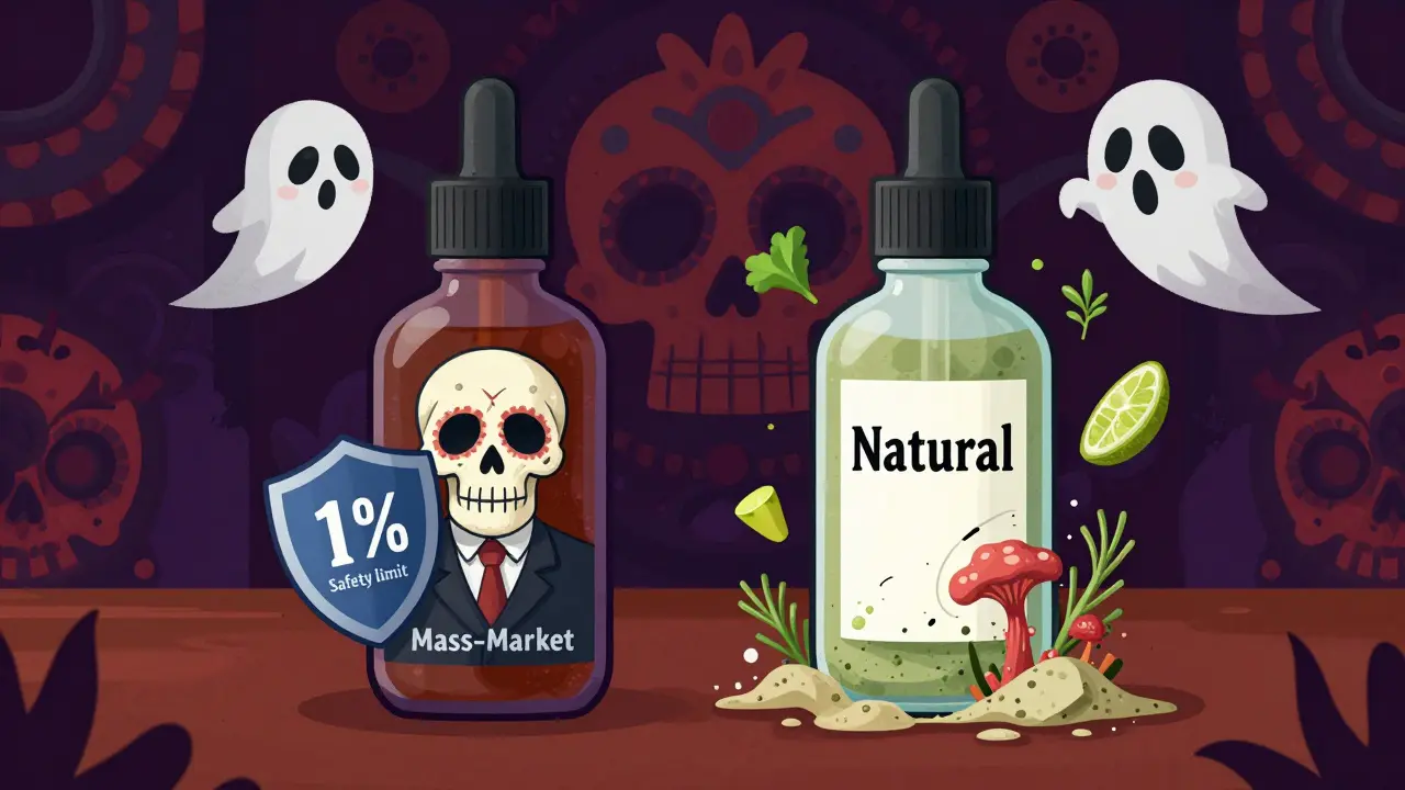 Два косметических флакона: один безопасный с защитным щитом, другой разваливается от плесени — в стиле Дня мёртвых.