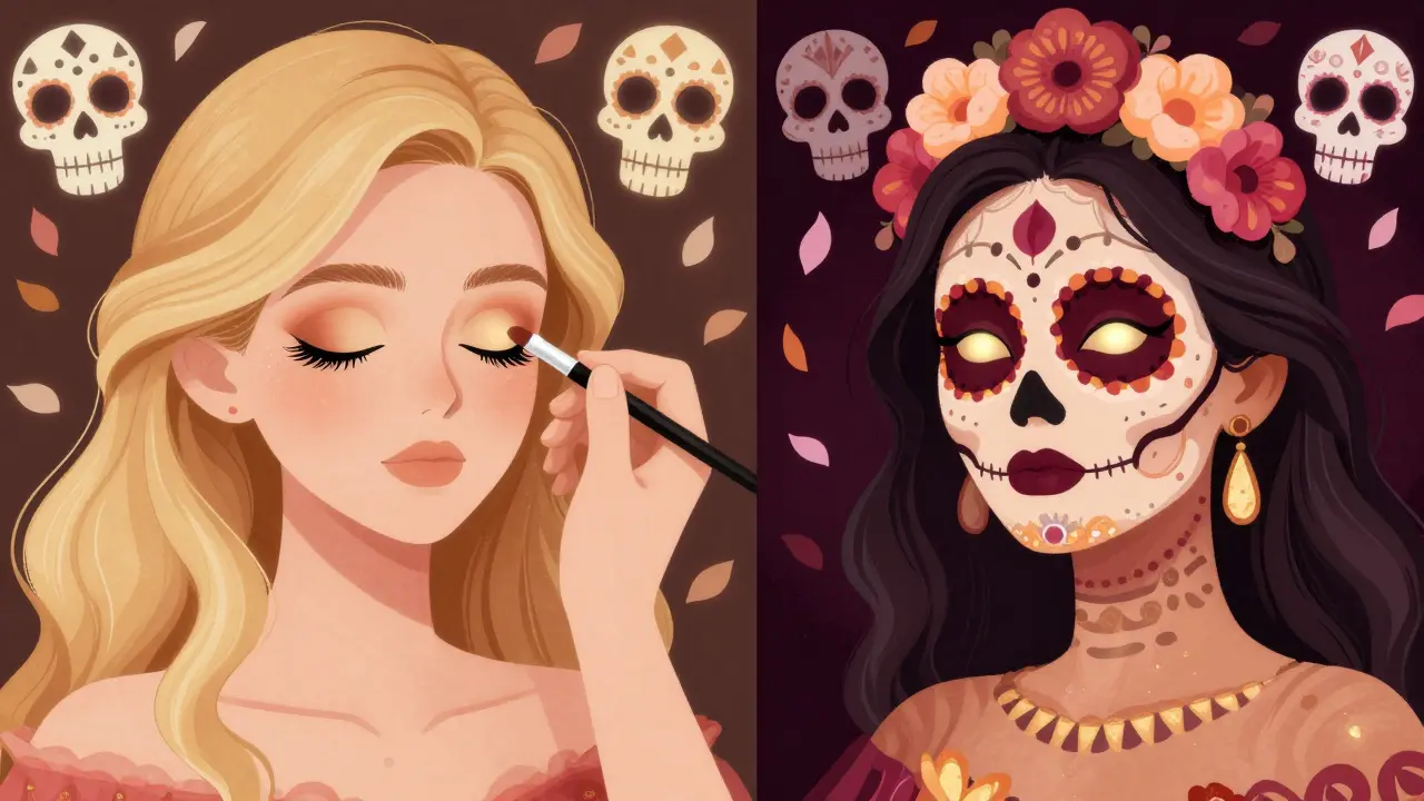 Две женщины с разными типами внешности наносят тени: одна — нейтральные, другая — яркие, вокруг — узоры черепов и лепестков