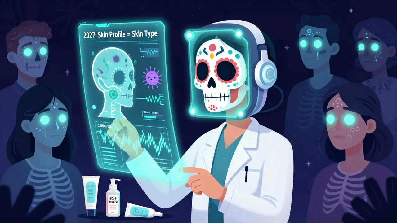 Голографический анализ кожи с микробами и гормонами, дерматолог держит диаграмму 'Профиль кожи 2027', вокруг — разложившиеся кремы прошлого.