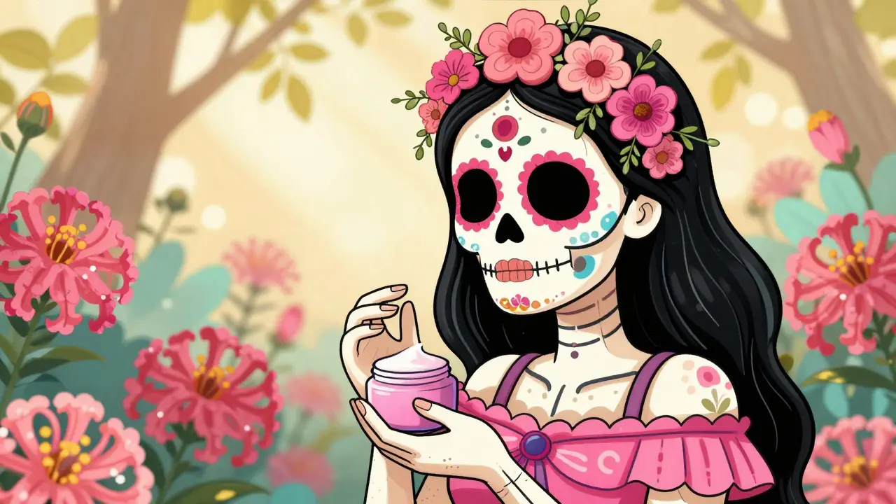 Калерава аккуратно наносит крем на лицо в окружении ярких маргариток.