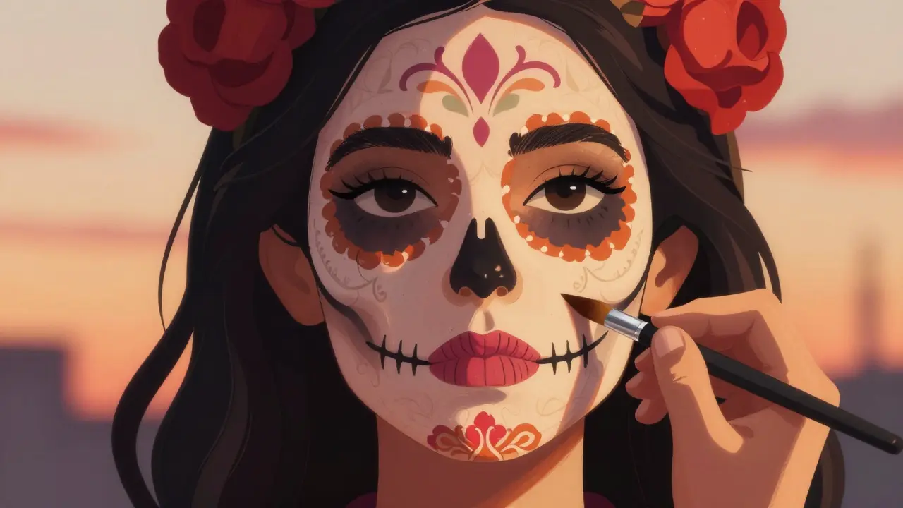 Кисть наносит бронзер на скулы, акцент на зонах лица