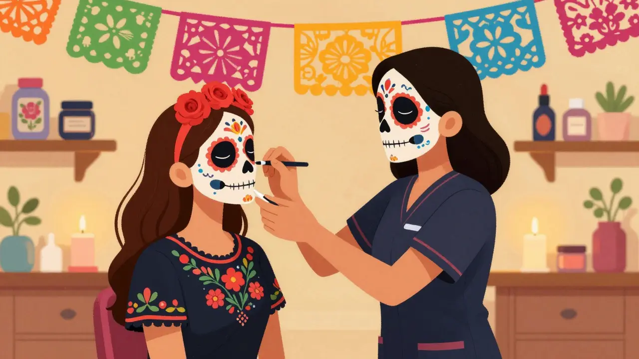 Косметолог консультирует клиентку в ярком стиле праздников