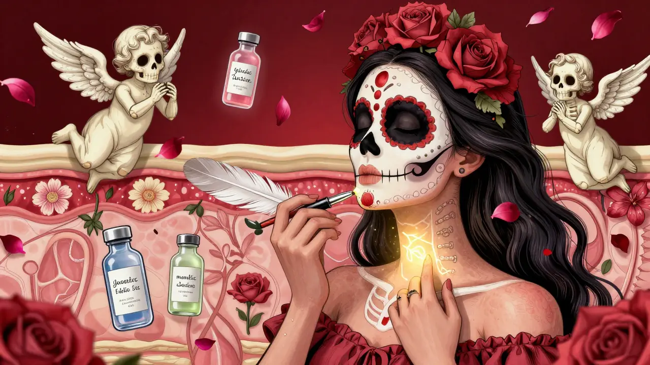 Косметолог наносит сыворотку на шею, вокруг — ангелы с крыльями из лепестков и флаконы кислот в стиле Дня мёртвых.