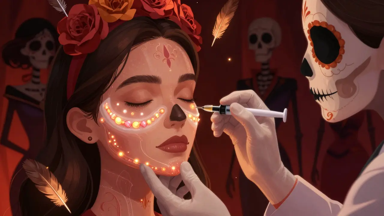 Косметолог вводит светящиеся капли в щёку женщины, под кожей видны танцующие молекулы витаминов и пептидов, в стиле Дня мёртвых.