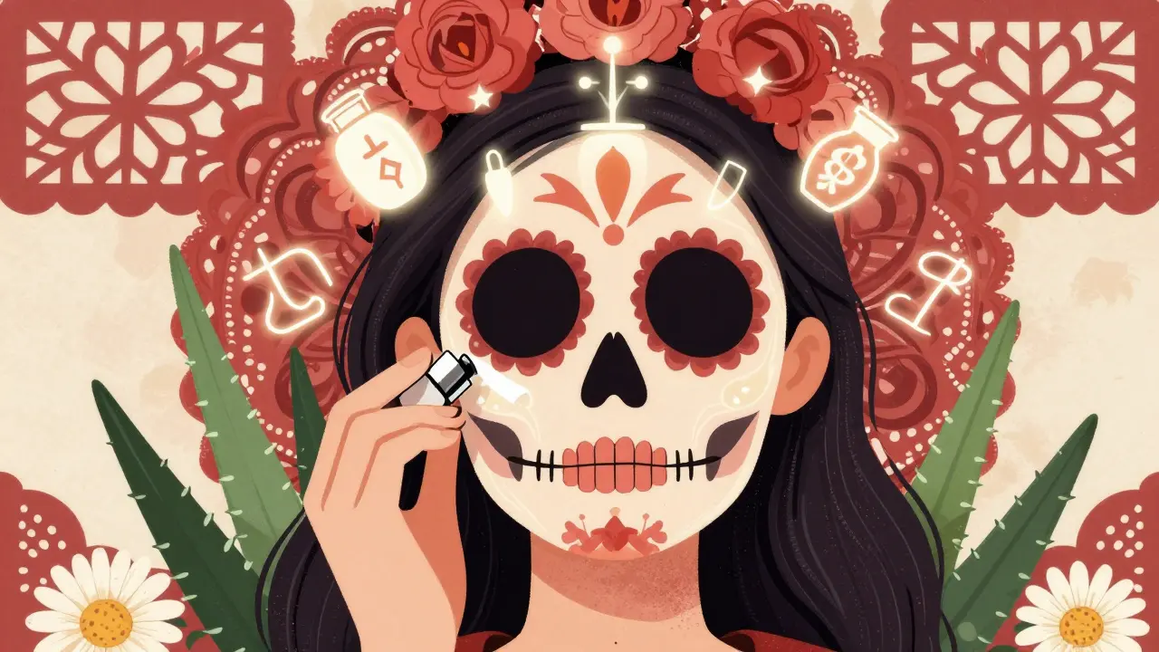 Лицо с glowing-ингредиентами, защитный щит и цветы, в стиле Дня мёртвых.