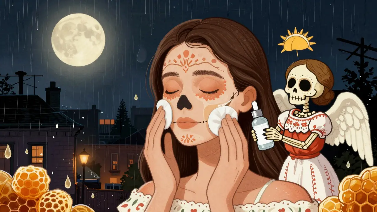 Ночной уход с тоником и ангелом-хранителем, в стиле Дня мёртвых, под лунным светом.