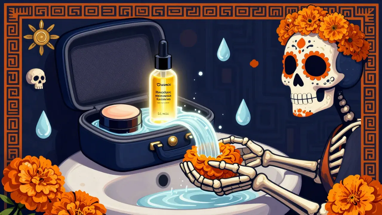 Открытая косметичка с бальзамом и маслом, превращающимися в молочную струю, окружённая цветами и черепами в стиле Дня мертвых.