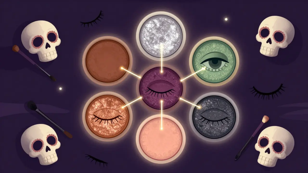 Палетка теней в воздухе с цветами, соединёнными нитями с цветами глаз, окружённая черепами и кистями
