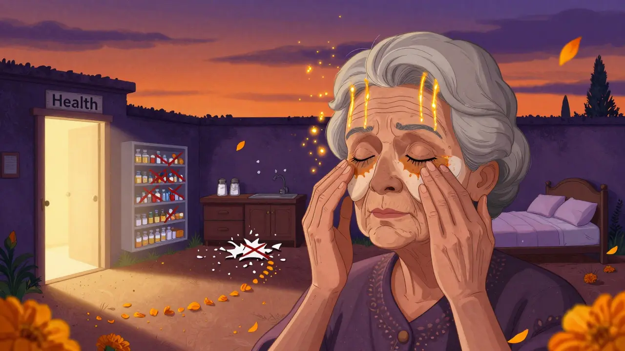 Пожилая женщина делает лимфодренажный массаж, вокруг нее — пути к здоровью, в стиле Дня мертвых с мариголдами.