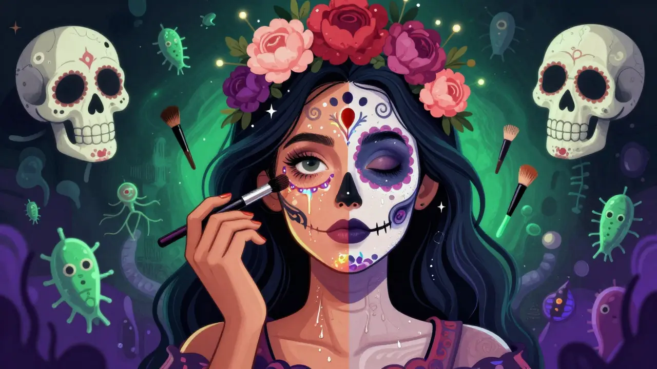 Разделённое лицо: одна сторона после масла, другая — после бальзама, вокруг — черепа и микробы в виде танцующих скелетов.