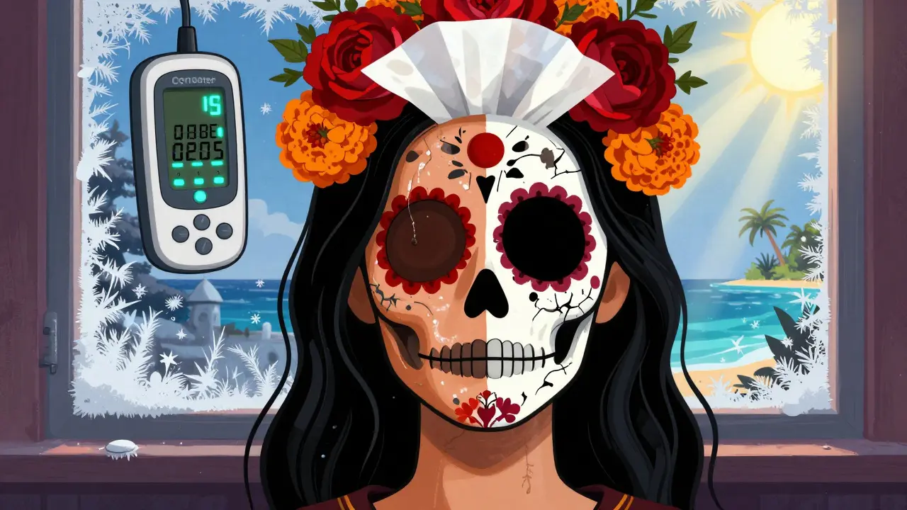 Разделенное лицо: жирная Т-зона с цветами и сухие щеки с трещинами, над головой — бумажная салфетка с жирными следами, позади — зимнее окно и приборы.