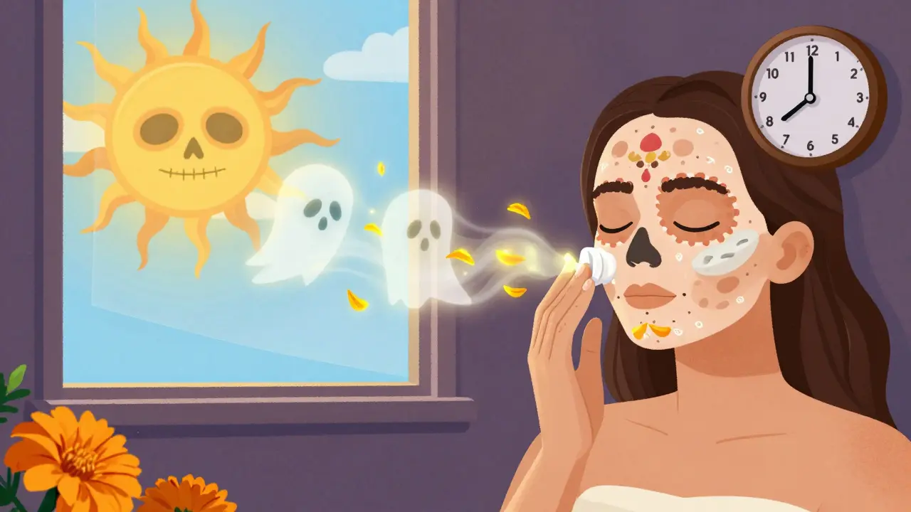 Рука наносит ночной крем, а пигментированные клетки превращаются в лепестки бархатцев, солнце за окном защищено щитом.