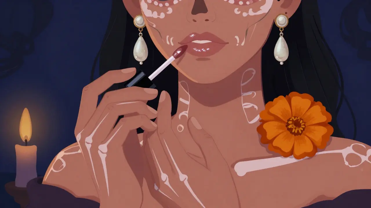 Руки наносят блеск на губы, на фоне жемчужных и изумрудных серьг с костяными татуировками и мариголдом.