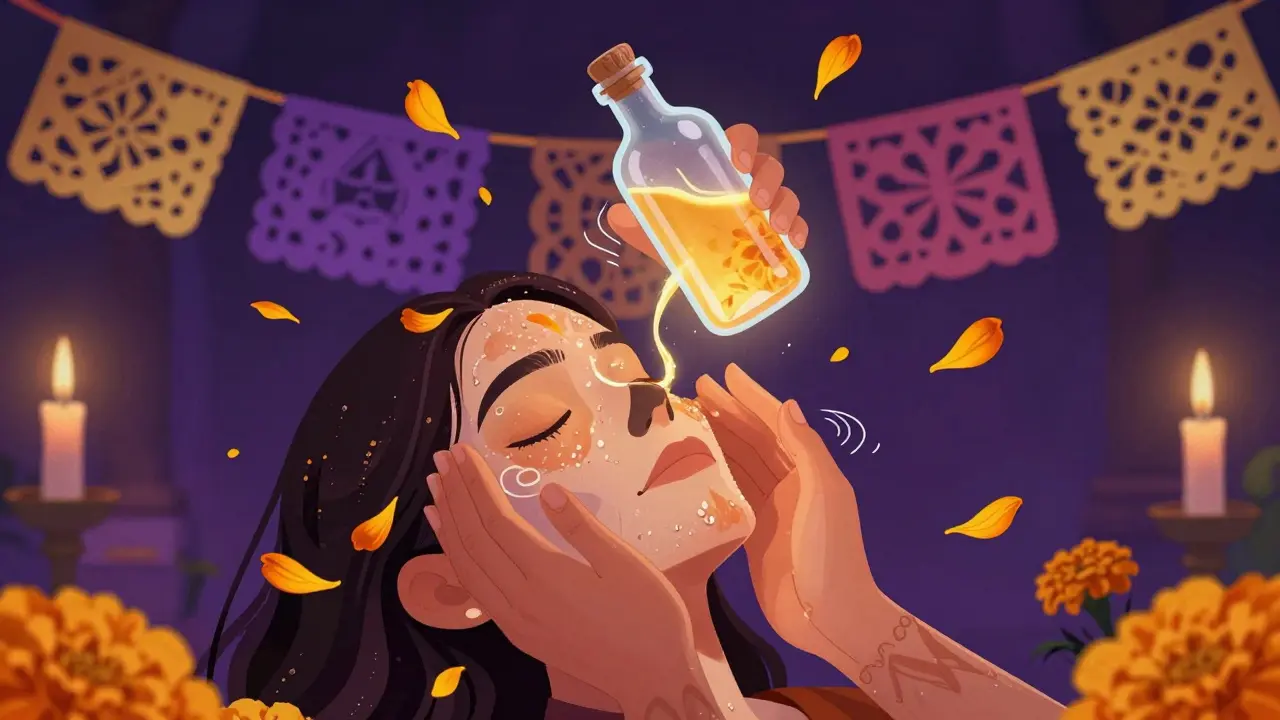 Руки нежно похлопывают лицо, а капли эссенции светятся, как священные искры.