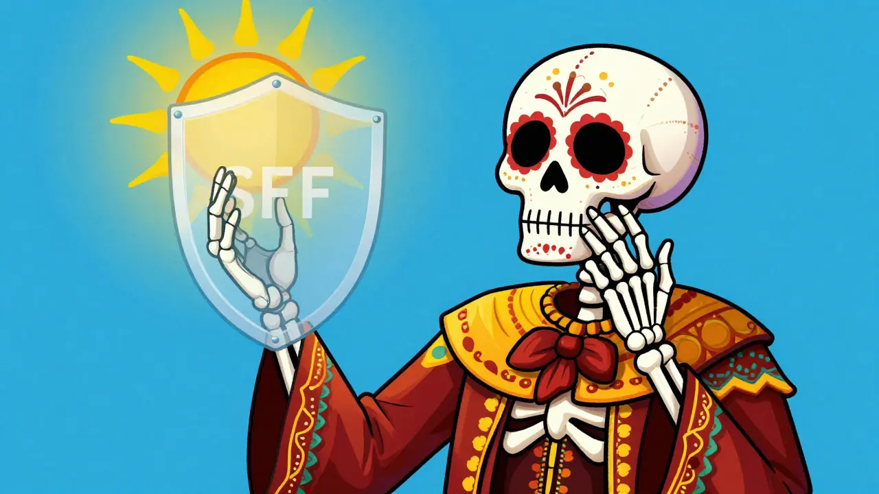 Скелет защищает лицо от солнца щитом и стоит с опущенными руками.