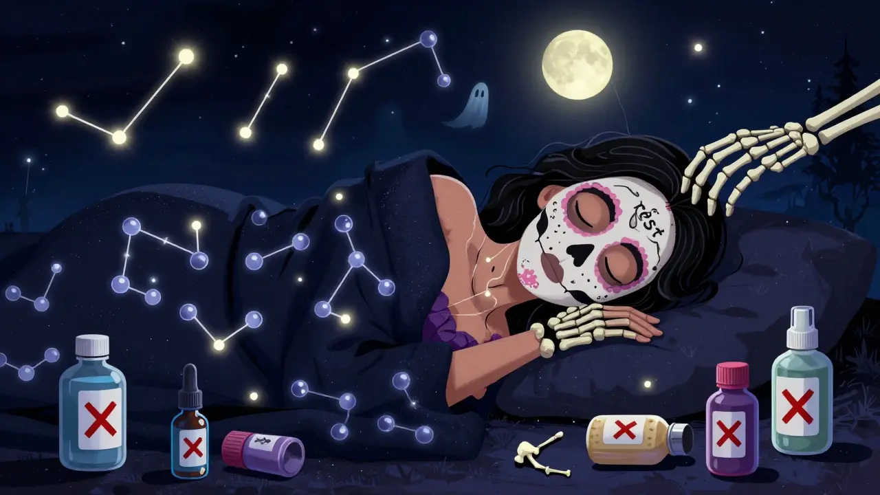 Спящая женщина под звёздным небом, где кости ткут коллаген, а средства ухода лежат без дела.