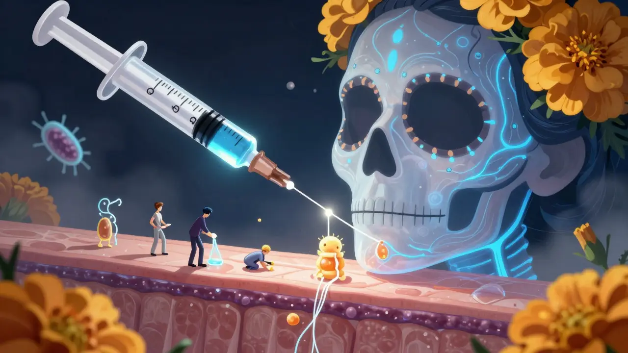 Шприц вводит светящиеся нити в кожу, где крошечные фигурки строят коллаген, вокруг — мариголды и тонкие светящиеся вены.