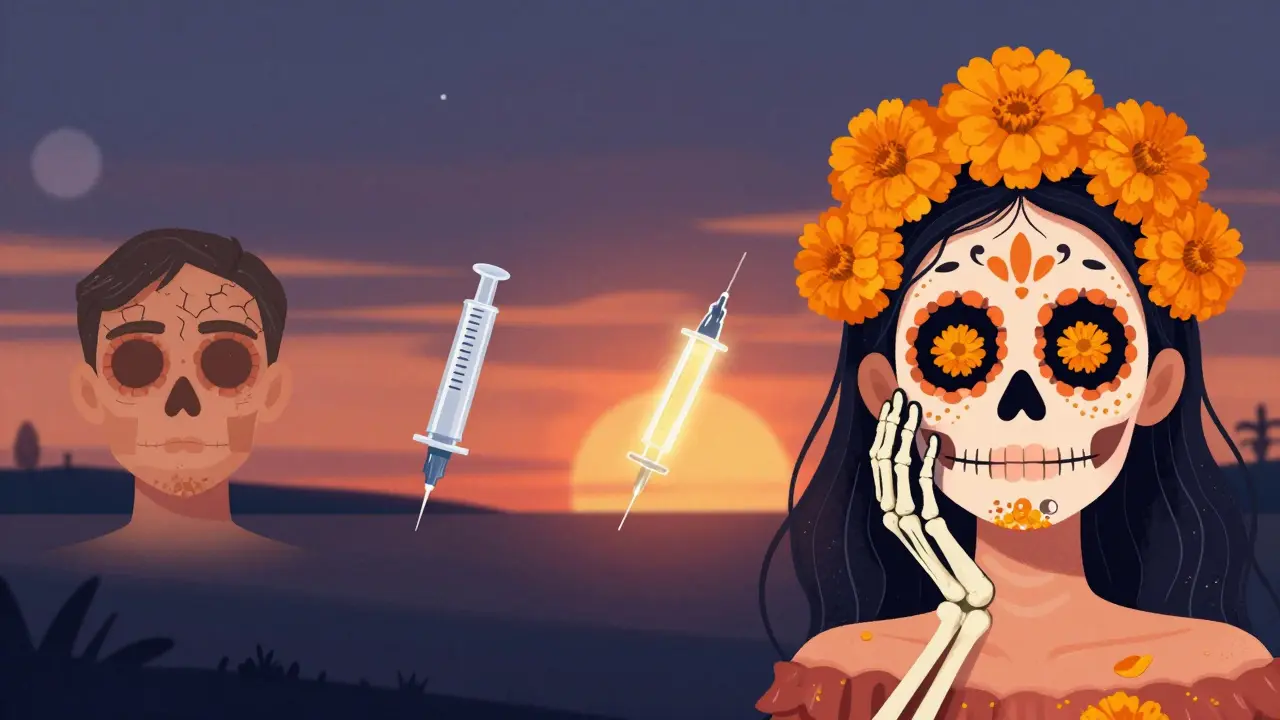 Сравнение сухой кожи зимой и омоложенной кожи с цветами, исходящими из пор, скелет руки ласкает лицо.