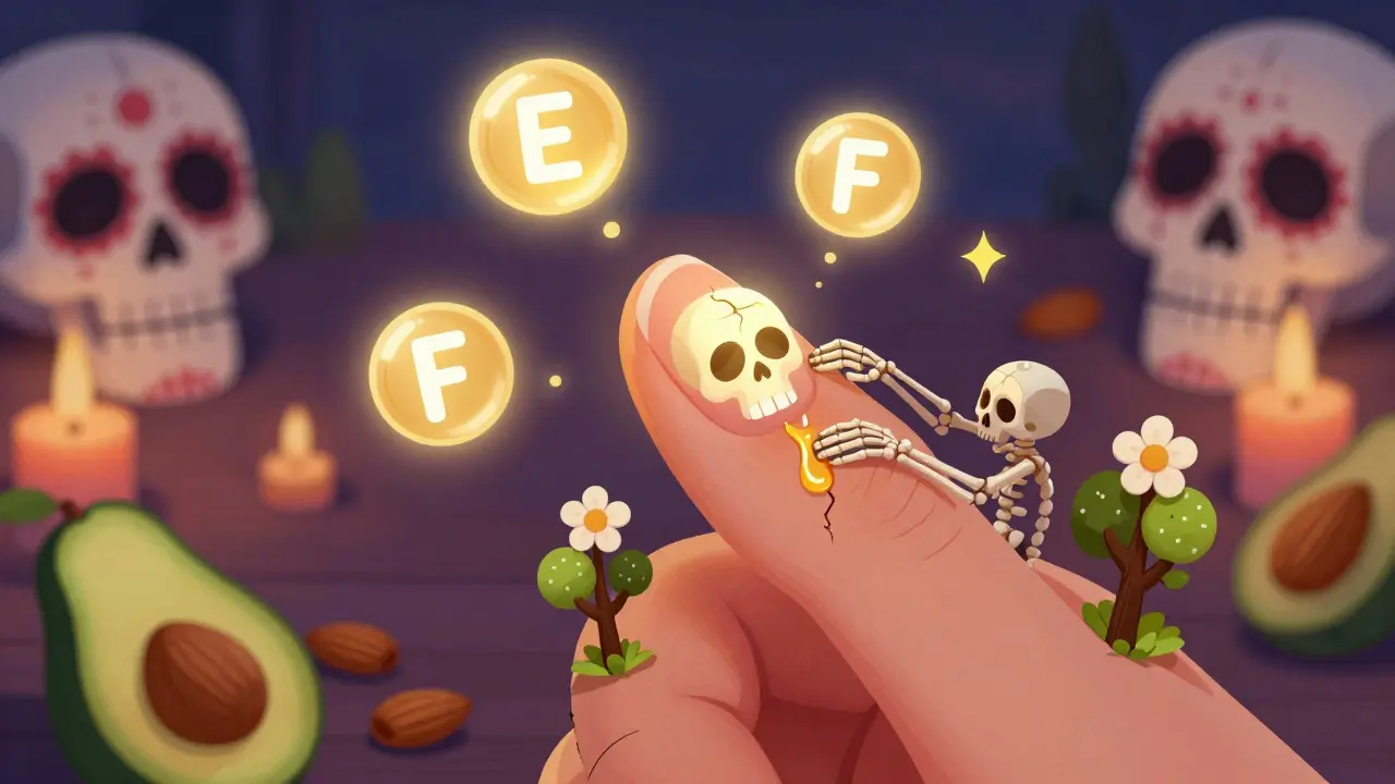 Светящаяся капля масла в форме черепа заживляет треснувшую кутикулу, окружённая витаминами и деревьями.