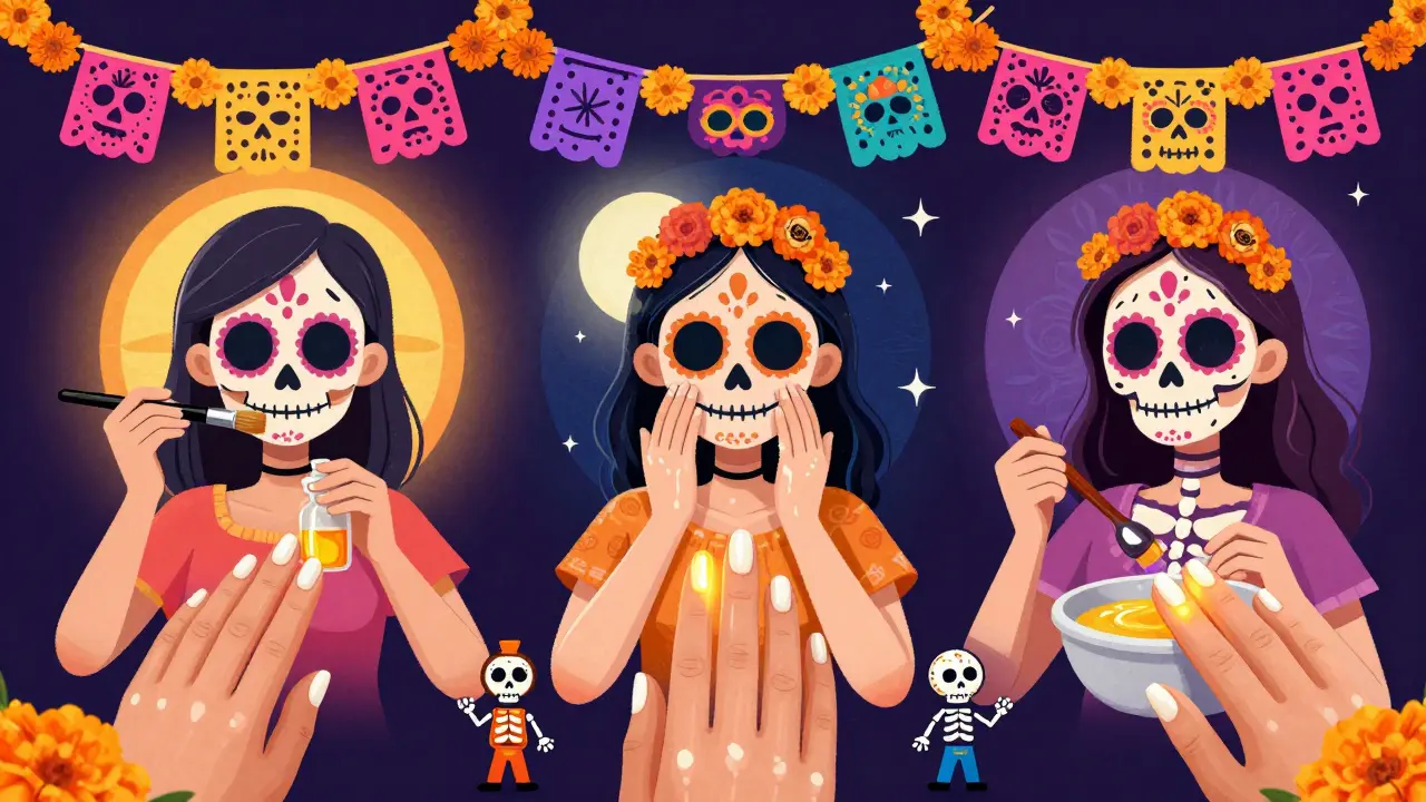 Три сцены нанесения масла: утром, вечером и перед маникюром, с костяными фигурами и мариголдами.