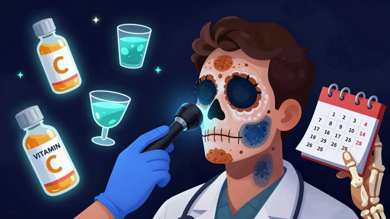 Врач использует лампу Вуда, чтобы показать разницу между поверхностной и глубокой пигментацией, рядом — флаконы с инъекционными средствами.