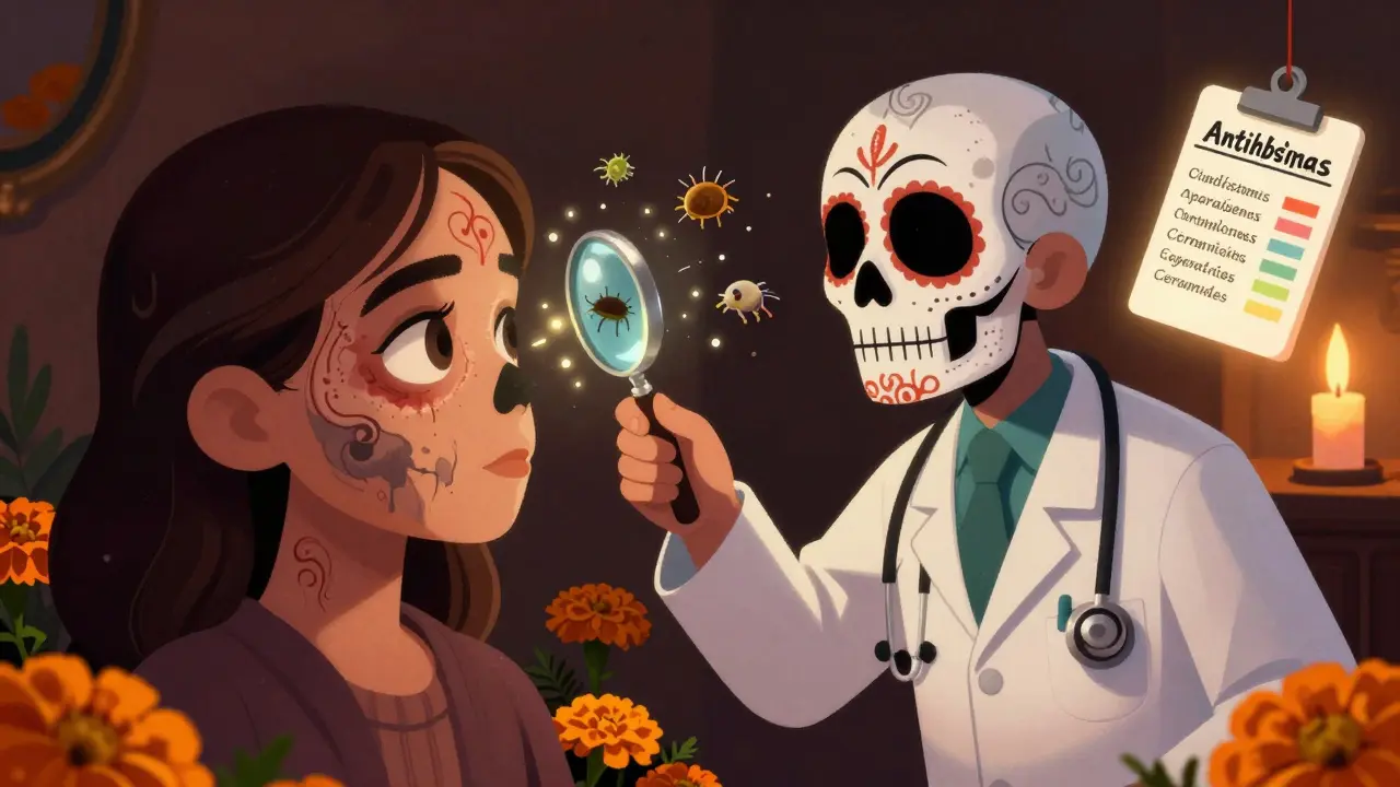 Врач осматривает глаза пациента, в воздухе плавают видимые аллергены, фон — тёплый свет свечей и мариголды.