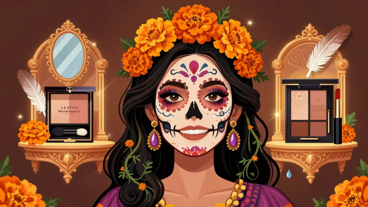 Женщина с естественным макияжем, окружённая скелетами, украшенными бархатцами, и символическими палетками в стиле Дня мёртвых.