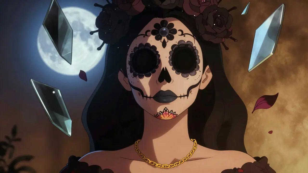 Женщина с матовыми губами и золотой цепочкой, лицо в узорах Дня мёртвых, вокруг — фрагменты зеркал и падающие лепестки.
