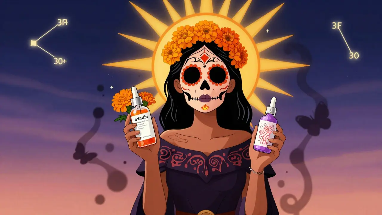 Женщина с ровным тоном кожи, украшенная скелетными узорами, держит крем с арбутином и сыворотку с койевой кислотой, тёмные пятна превращаются в бабочек под солнечным щитом.