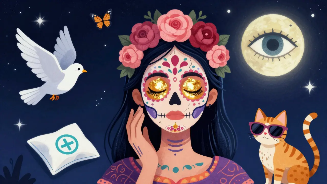 Женщина с заживающими веками, на коже — светящиеся керамиды, вокруг неё летают духи-защитники с символами профилактики.