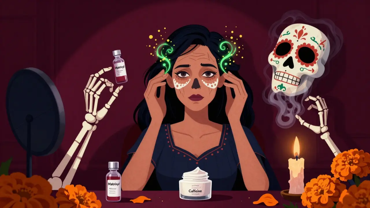 Женщина в 40 лет наносит крем, вокруг неё парят черепа с флаконами активных ингредиентов.