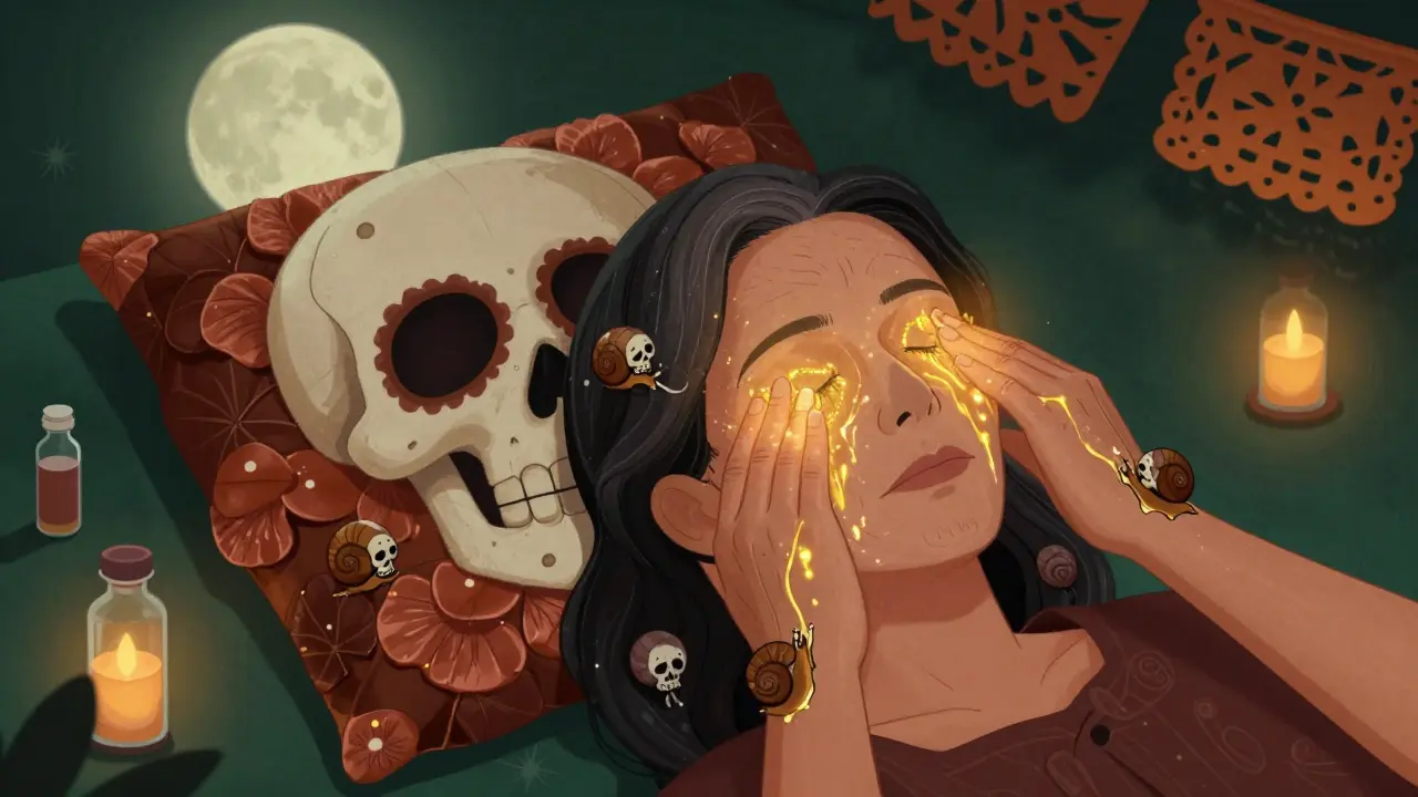 Женщина в 50 лет делает массаж, по коже ползут улитки с черепами, восстанавливая кожу.