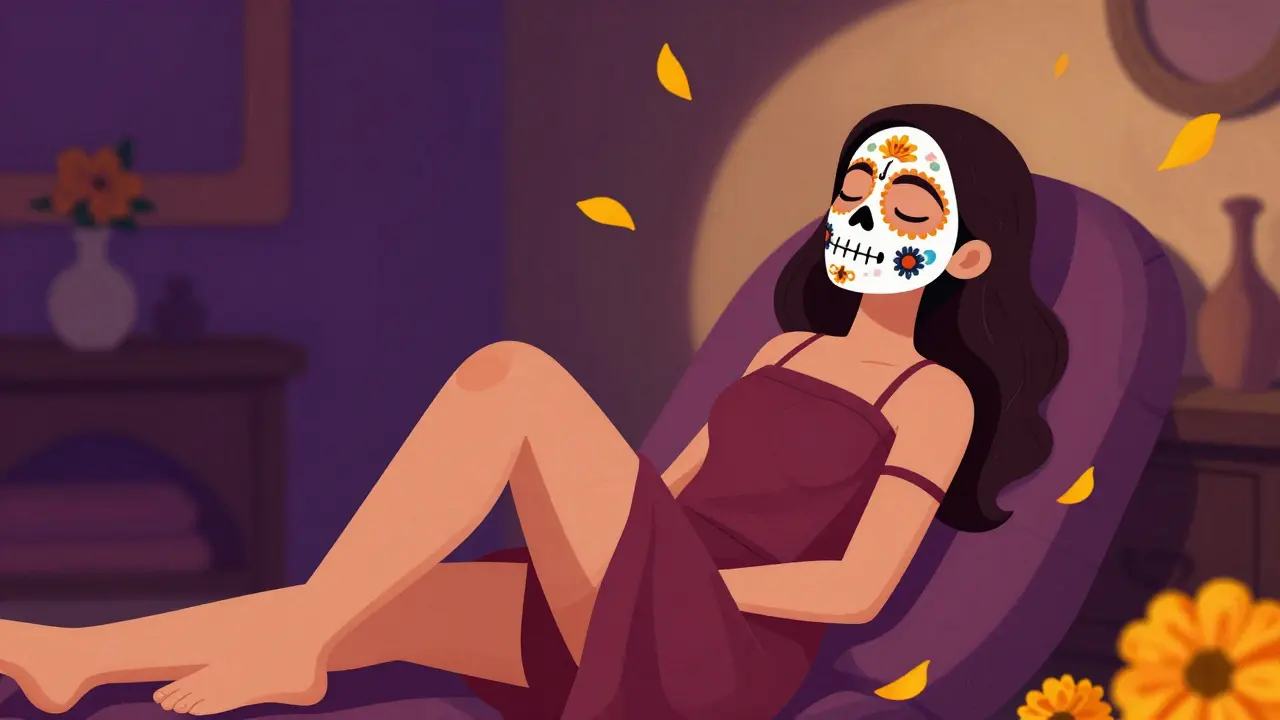 Женщина в тепловой маске для расслабления мышц