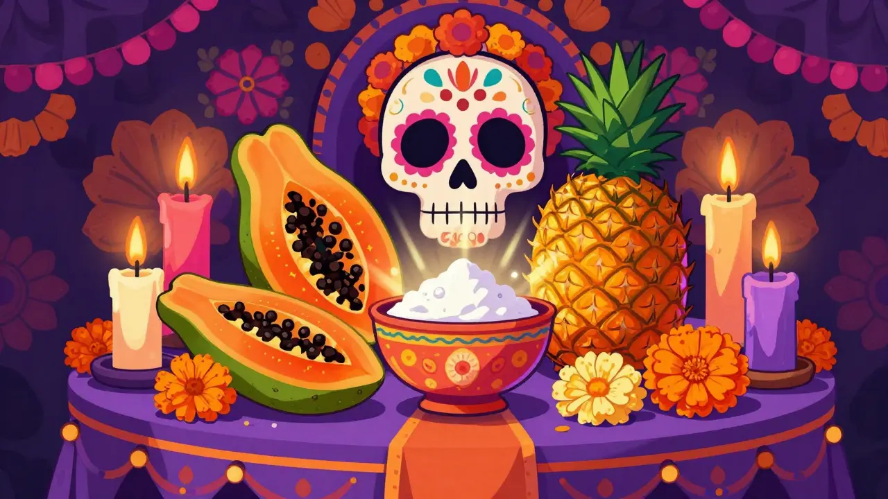 Алтарь с кусочками папайи, ананаса и энзимной пудрой в эстетике праздника День мертвых