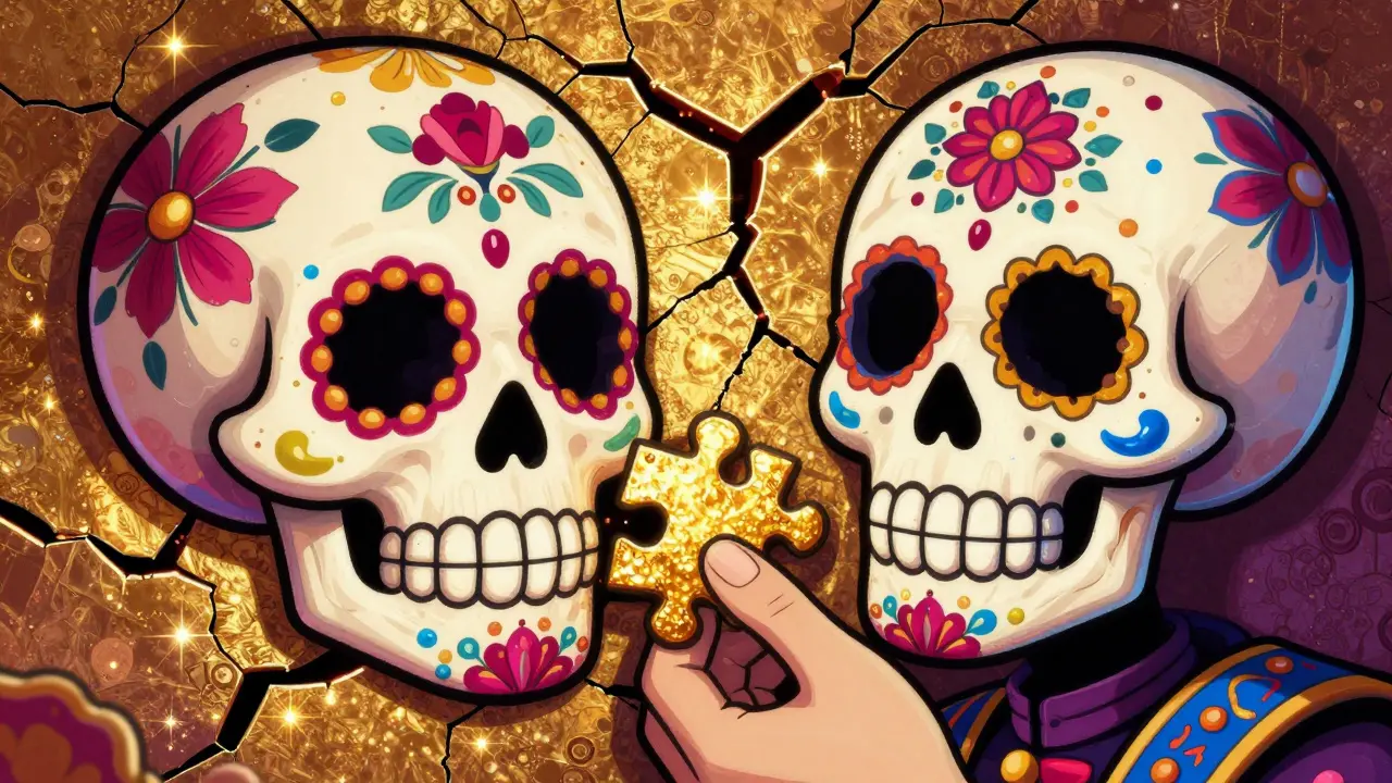 Цветные молекулы-керамиды в виде сахарных черепов заполняют трещины в коже