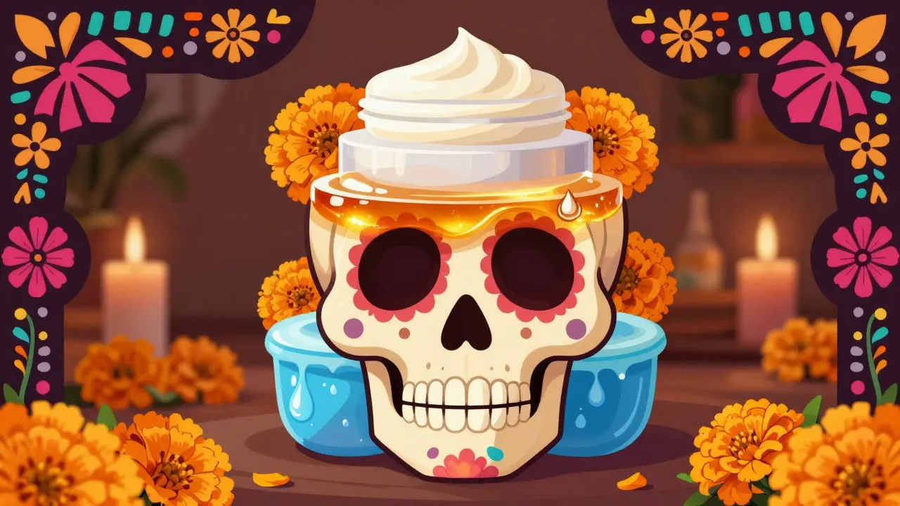 Иллюстрация метода «сэндвича» в уходе за кожей в эстетике мексиканского фольклора.