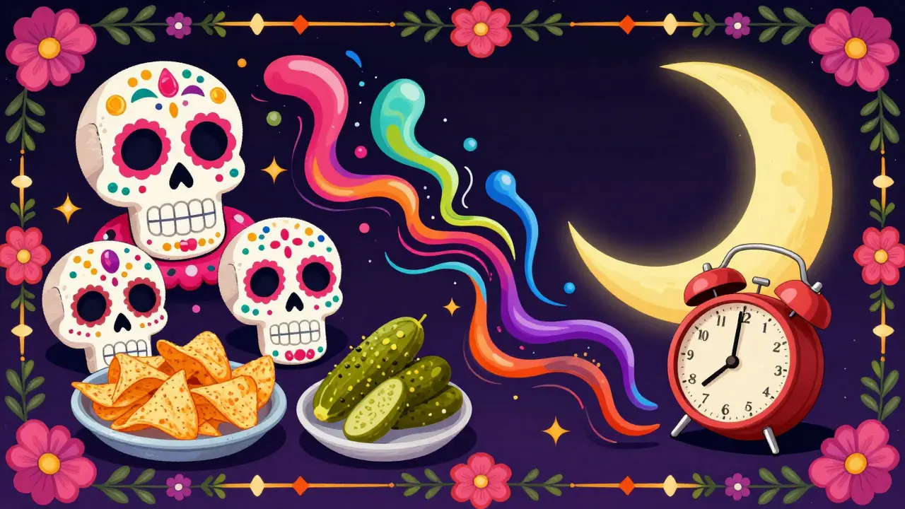 Иллюстрация связи соленой еды и недосыпа в эстетике праздника День Мертвых