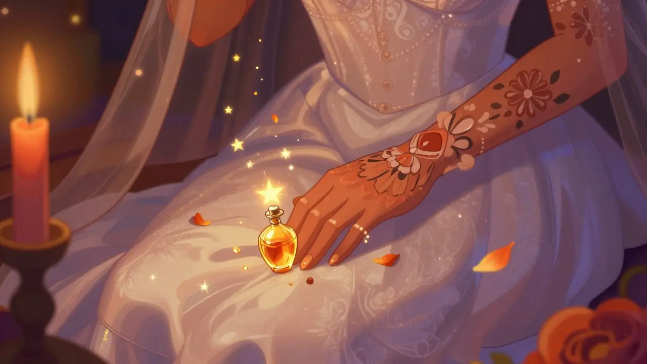 Капля парфюма на шелковой подкладке платья невесты в стиле калавера