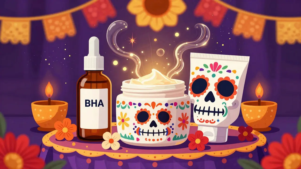 Косметические средства для ухода за порами в эстетике Дня мертвых на алтаре.