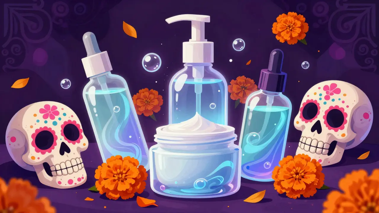 Косметические средства в виде магических флаконов в эстетике Дня Мертвых.