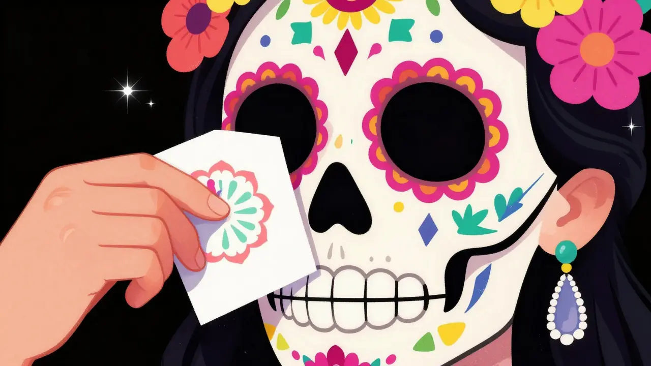 Крупный план лица калавера с декоративной матирующей салфеткой на Т-зоне.