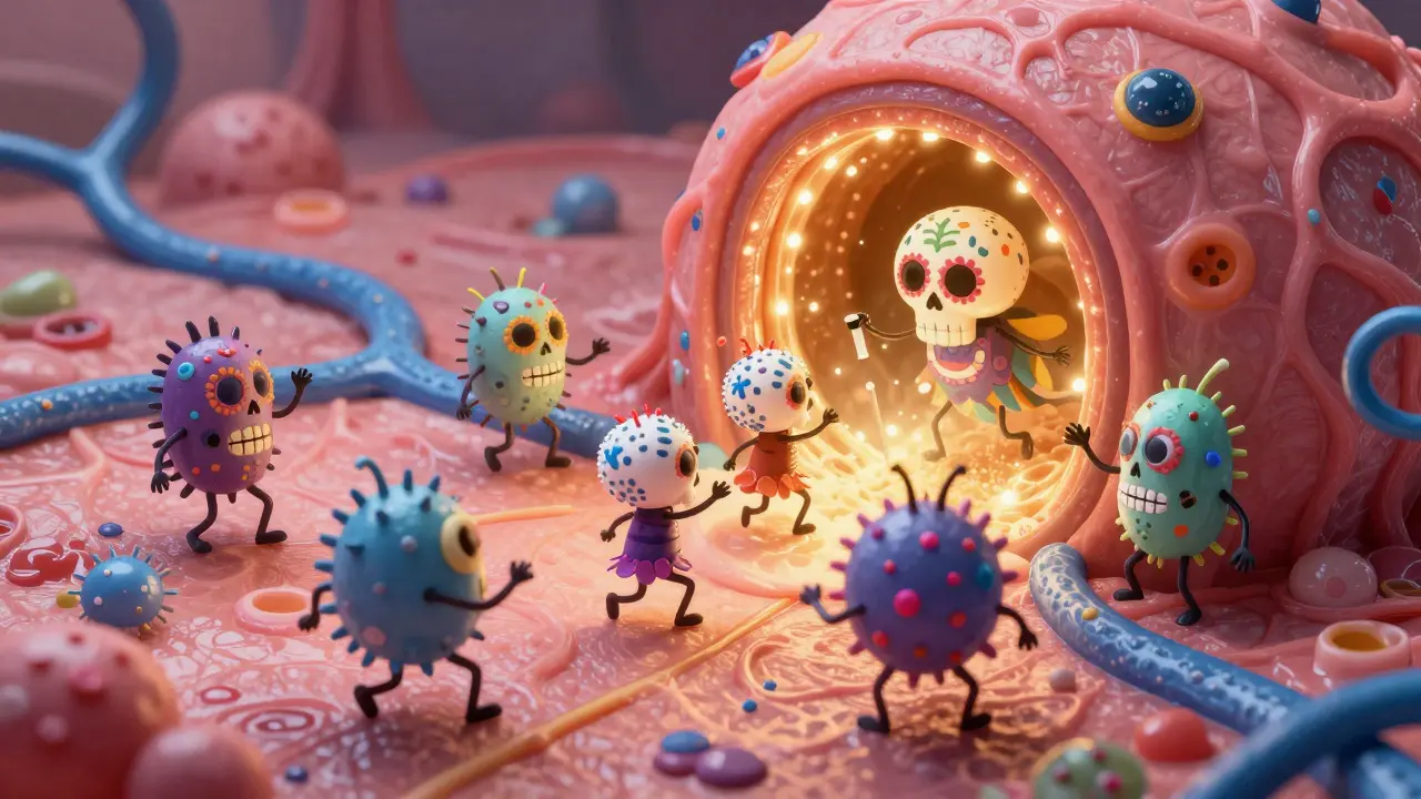 Мультяшные бактерии-калаверас, проникающие в кожу через место вкола филлера